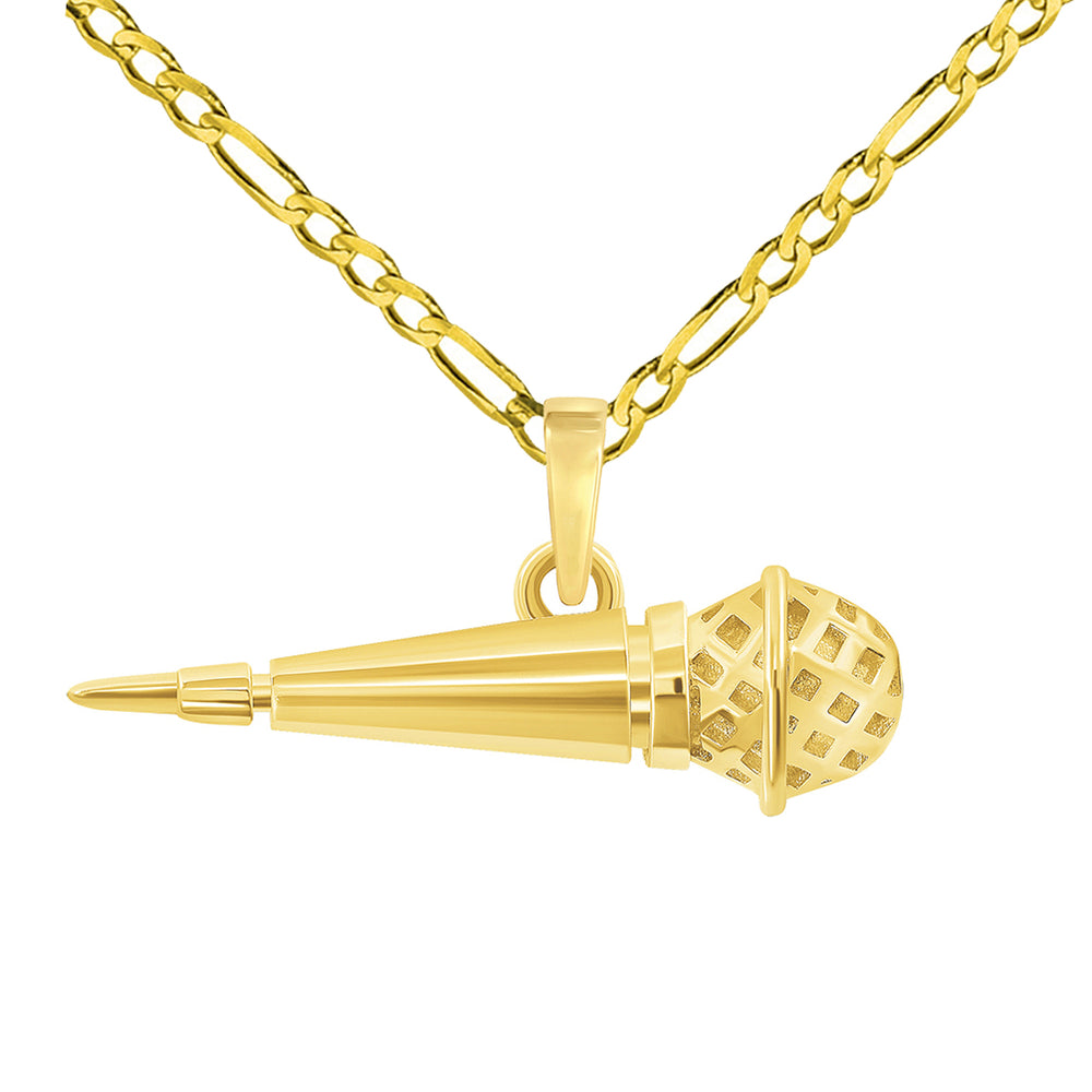 14k Yellow Gold Dynamic Microphone Charm Musical Instrument Pendant with Figaro Chain Necklace