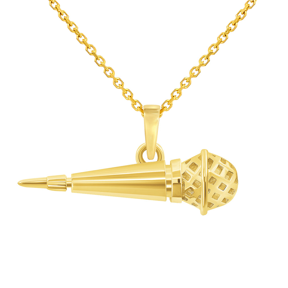 14k Yellow Gold Dynamic Microphone Charm Musical Instrument Pendant Necklace