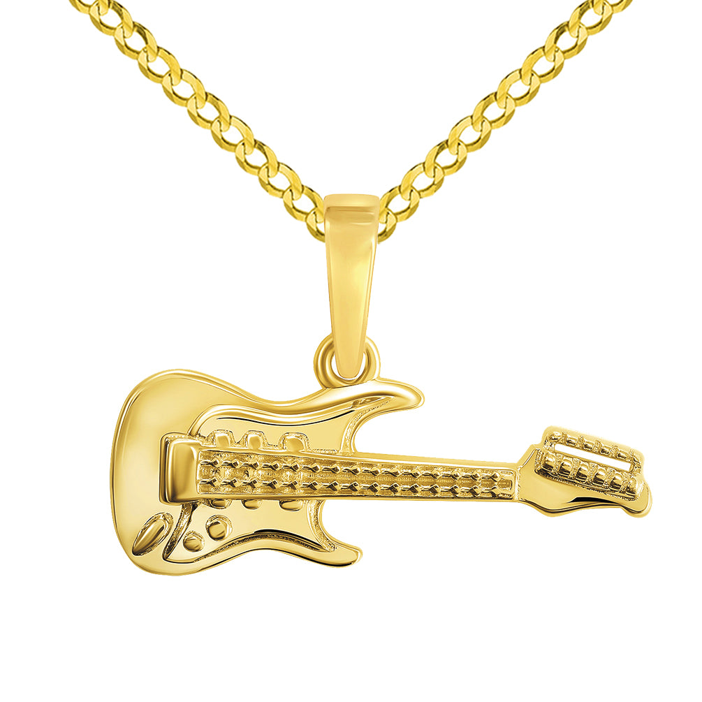 14k Yellow Gold Electrical Guitar Charm Musical Instrument Pendant with Cuban Curb Chain Necklace
