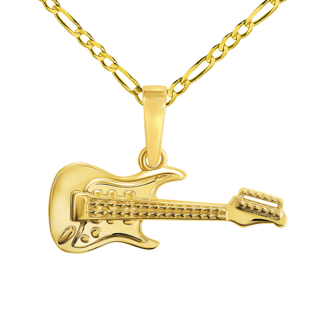 14k Yellow Gold Electrical Guitar Charm Musical Instrument Pendant with Figaro Chain Necklace