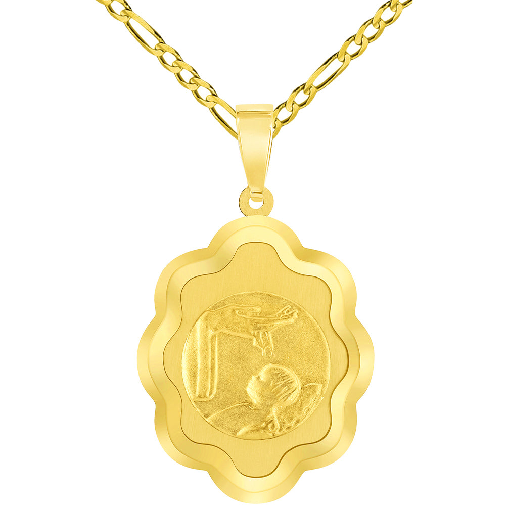 14k Yellow Gold Religious Baptism Christening On Elegant Medal Pendant with Figaro Chain Necklace