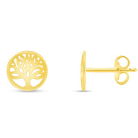 Load image into Gallery viewer, Solid 14k Yellow Gold Round Tree of Life Stud Earrings with Screw Back, 8.5mm
