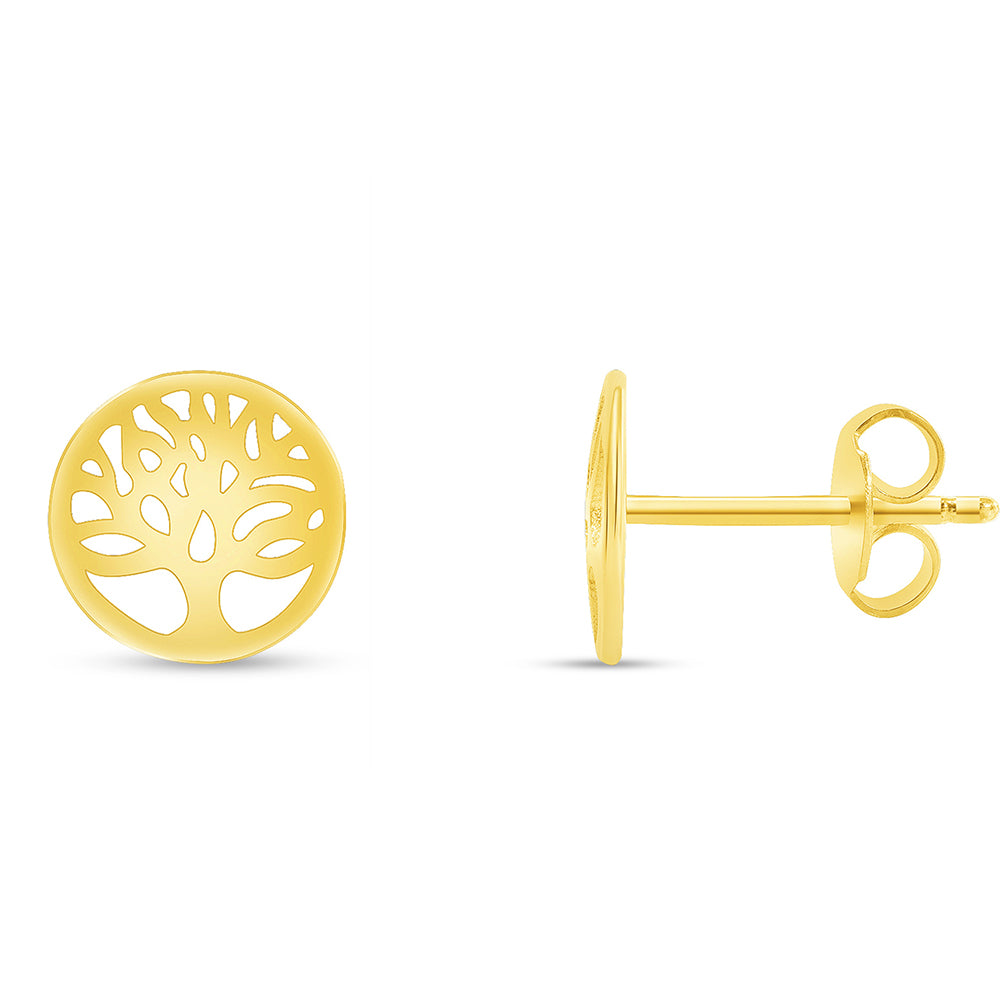 Solid 14k Yellow Gold Round Tree of Life Stud Earrings with Screw Back, 8.5mm