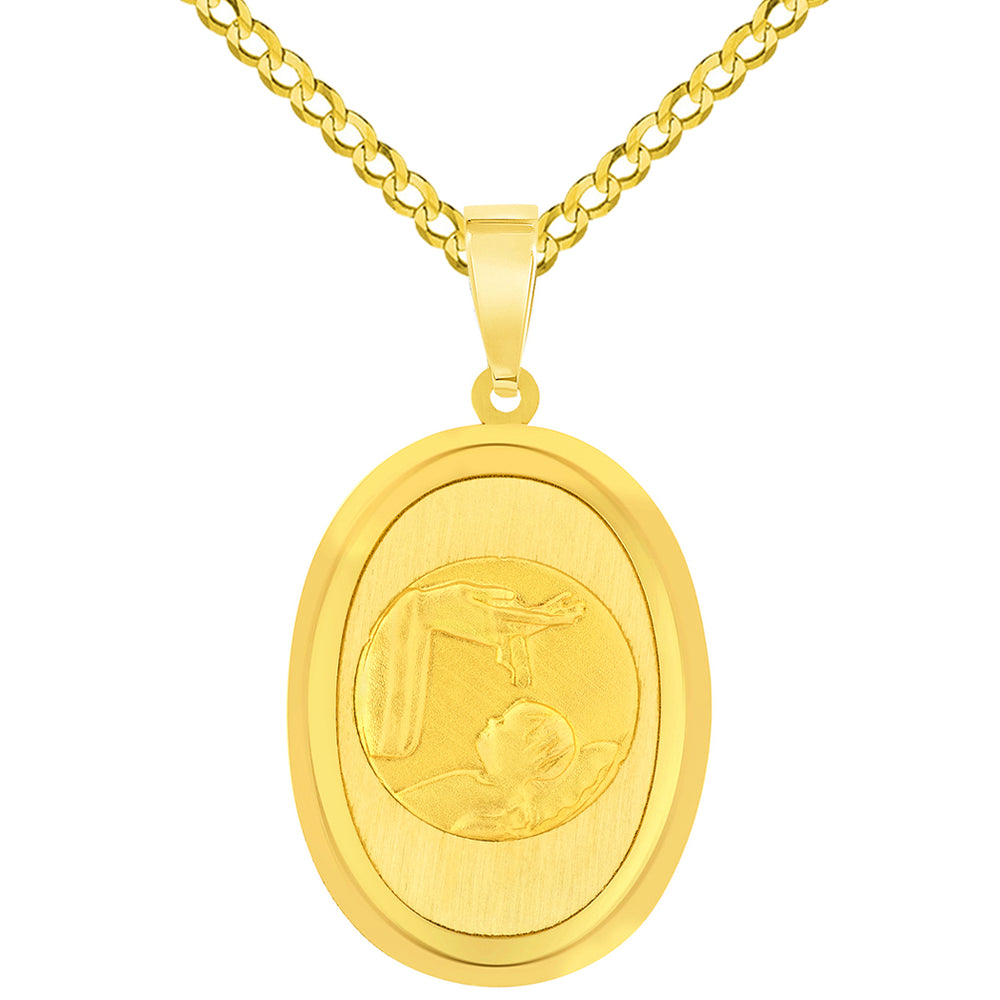 14k Yellow Gold Religious Baptism Christening Oval Medal Pendant with Cuban Chain Curb Necklace