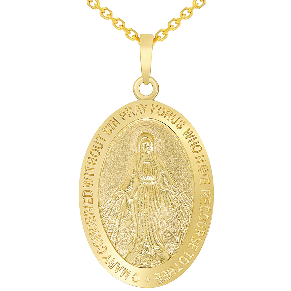 Solid 14k Yellow Gold Classic Miraculous Medallion of the Virgin Mary Pendant Necklace with Cable Chain