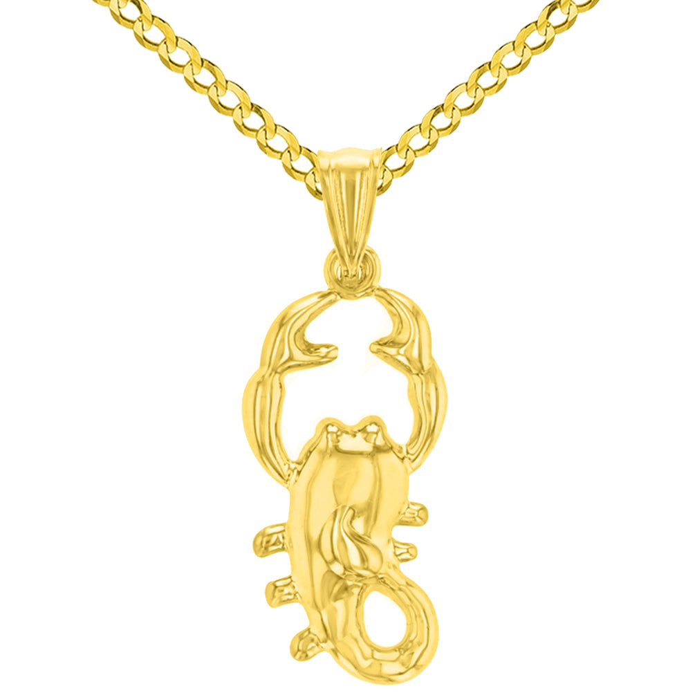 High Polish 14k Yellow Gold 3D Scorpio Zodiac Sign Scorpion Animal Pendant Cuban Curb Chain Necklace