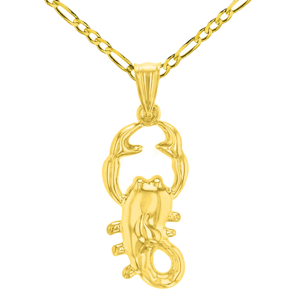 High Polish 14k Yellow Gold 3D Scorpio Zodiac Sign Scorpion Animal Pendant Figaro Chain Necklace