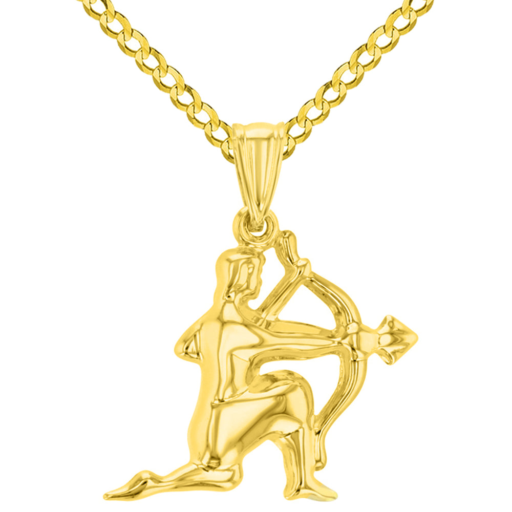 High Polish 14k Yellow Gold 3D Sagittarius Zodiac Sign Charm Archer Shooting Arrow Pendant Cuban Curb Chain Necklace