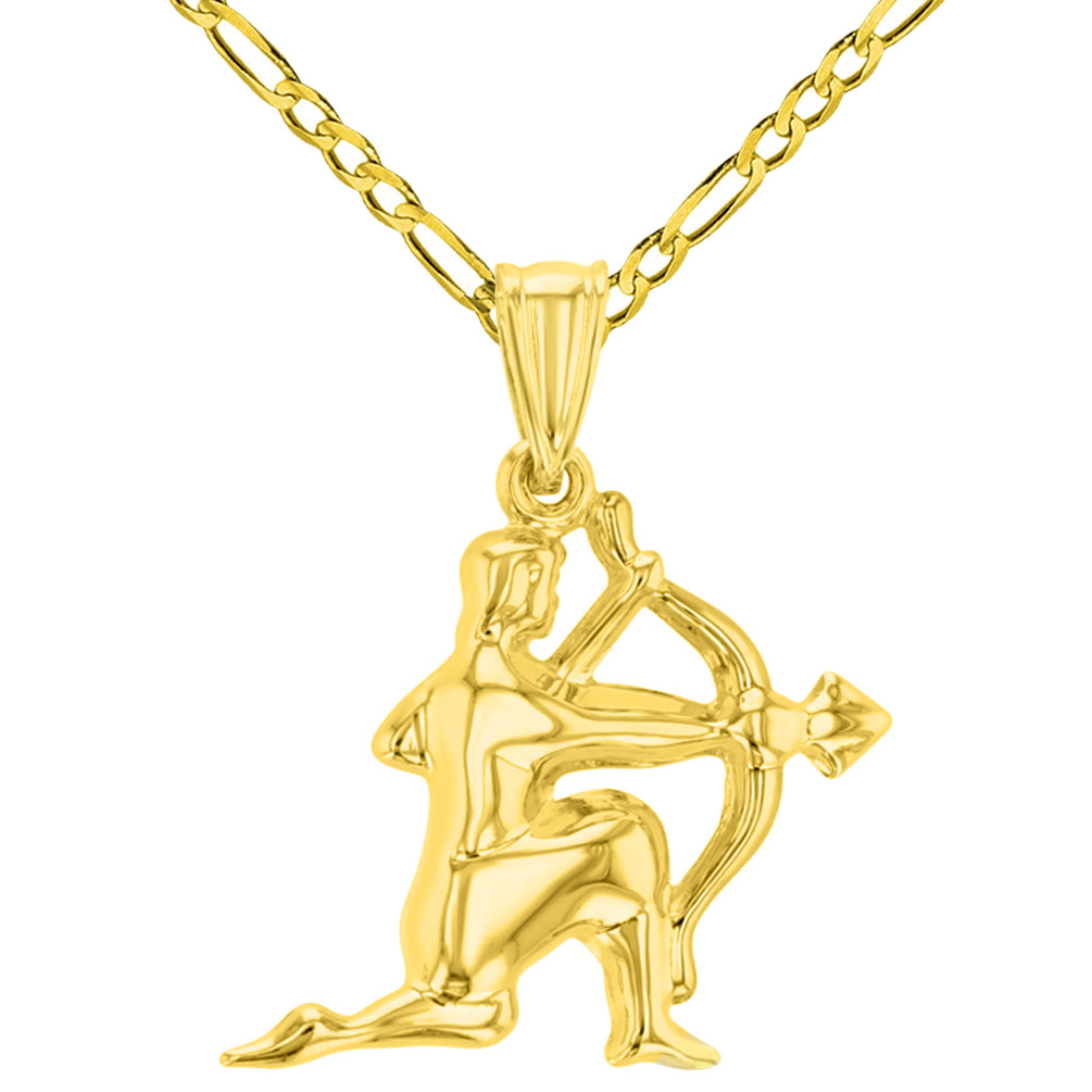 High Polish 14k Yellow Gold 3D Sagittarius Zodiac Sign Charm Archer Shooting Arrow Pendant Figaro Chain Necklace