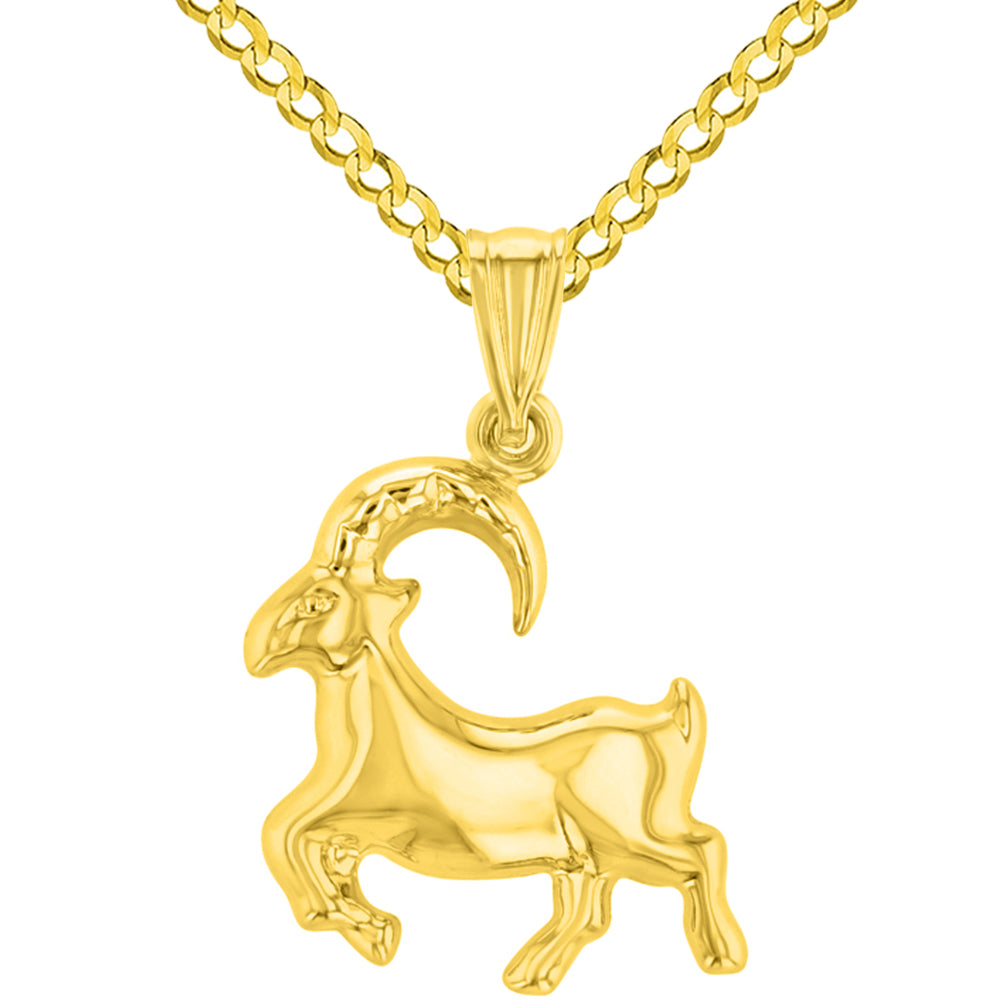 High Polish 14k Yellow Gold 3D Capricorn Zodiac Sign Charm Sea-Goat Animal Pendant Cuban Curb Chain Necklace