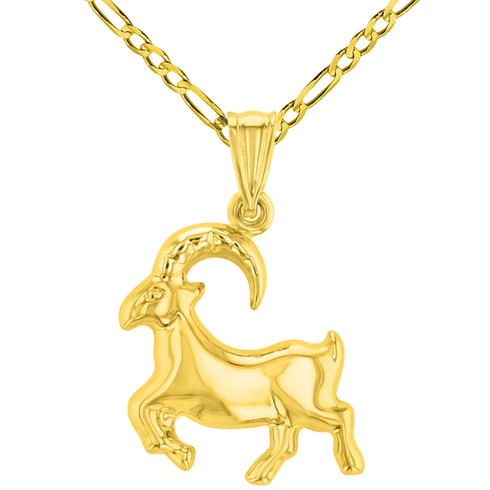 High Polish 14k Yellow Gold 3D Capricorn Zodiac Sign Charm Sea-Goat Animal Pendant Figaro Chain Necklace