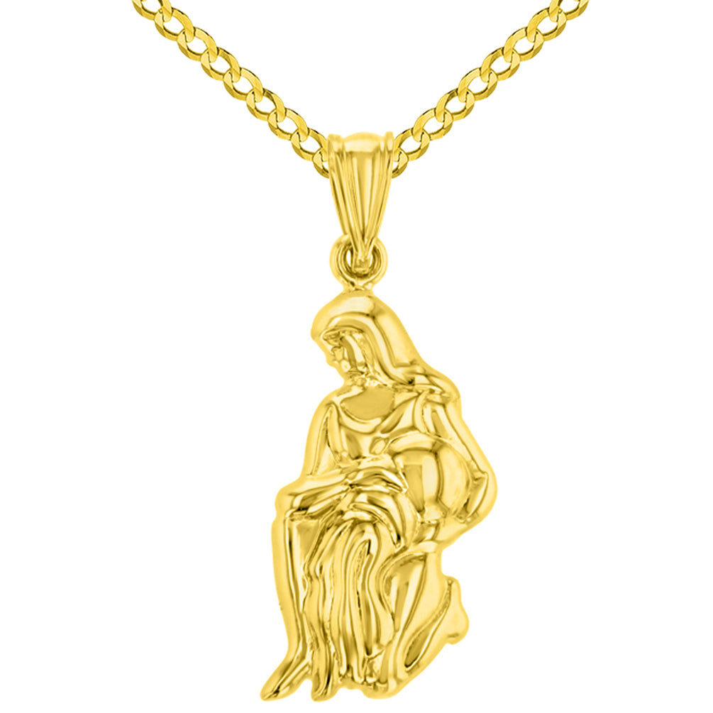 High Polish 14k Yellow Gold 3D Aquarius Water-Bearer Zodiac Sign Charm Pendant Cuban Curb Chain Necklace
