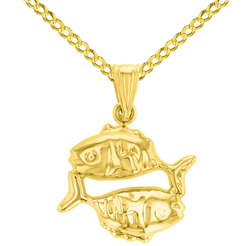 High Polish 14k Yellow Gold 3D Pisces Zodiac Sign Charm Fish Animal Pendant Cuban Curb Chain Necklace