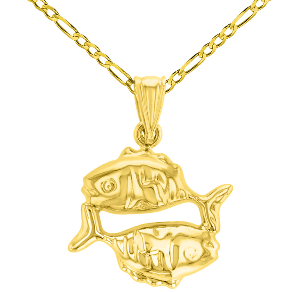 High Polish 14k Yellow Gold 3D Pisces Zodiac Sign Charm Fish Animal Pendant Figaro Chain Necklace