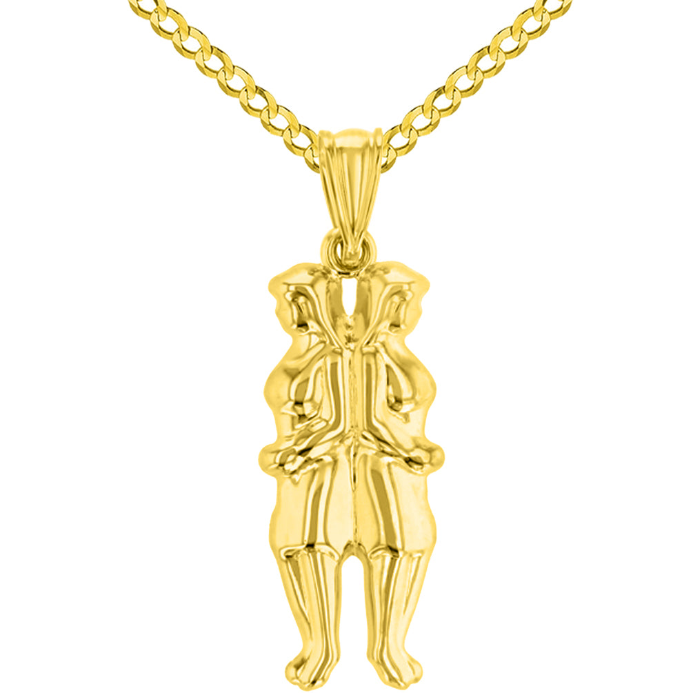 High Polish 14k Yellow Gold 3D Gemini Twins Zodiac Sign Pendant with Cuban Curb Chain Necklace