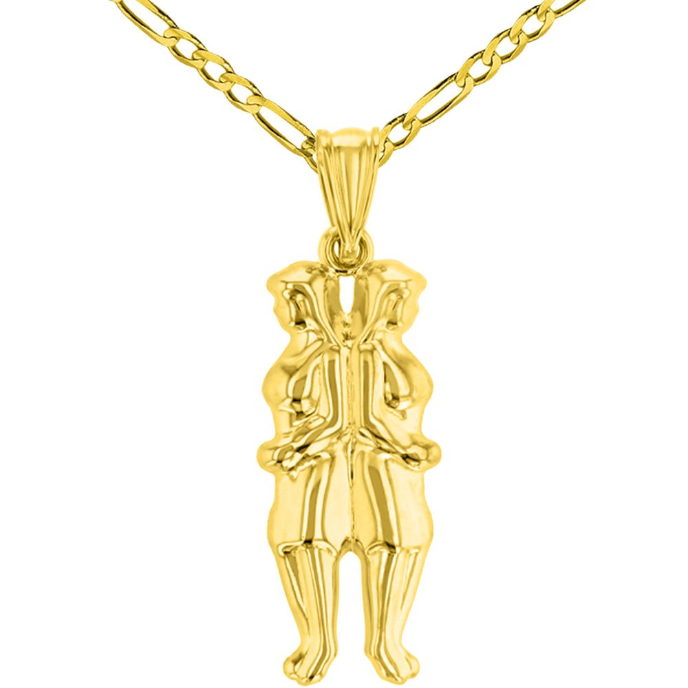 High Polish 14k Yellow Gold 3D Gemini Twins Zodiac Sign Pendant with Figaro Chain Necklace