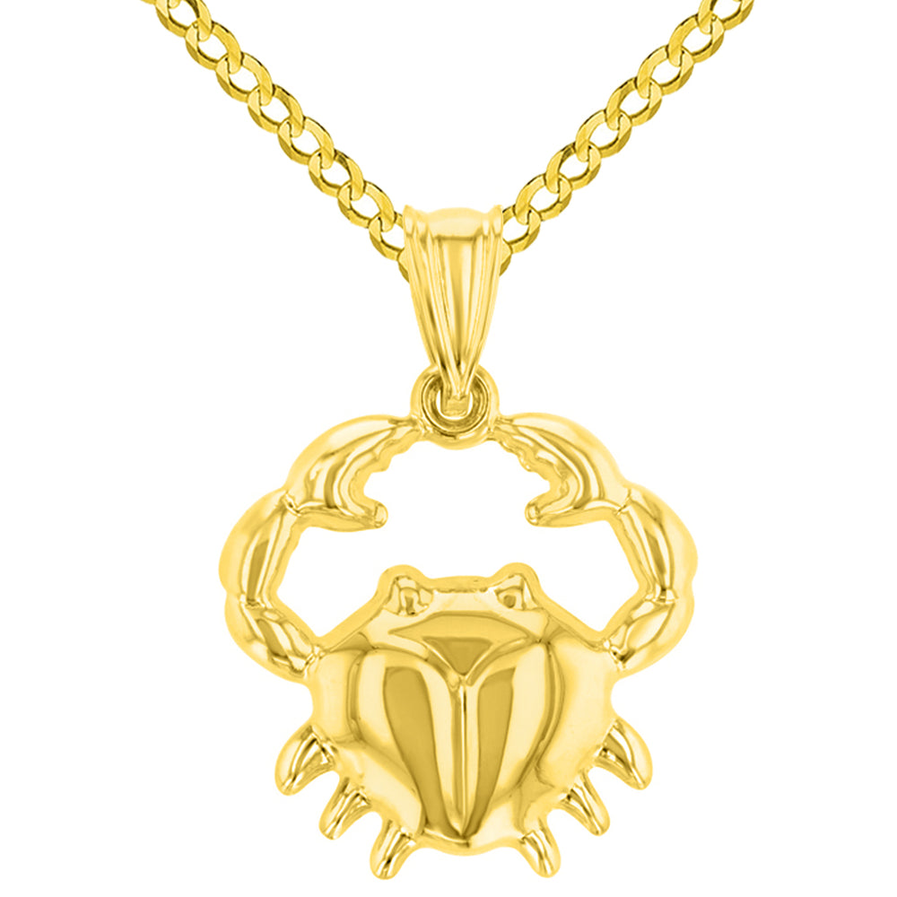 High Polish 14k Yellow Gold 3D Cancer Zodiac Sign Charm Crab Animal Pendant Cuban Curb Chain Necklace