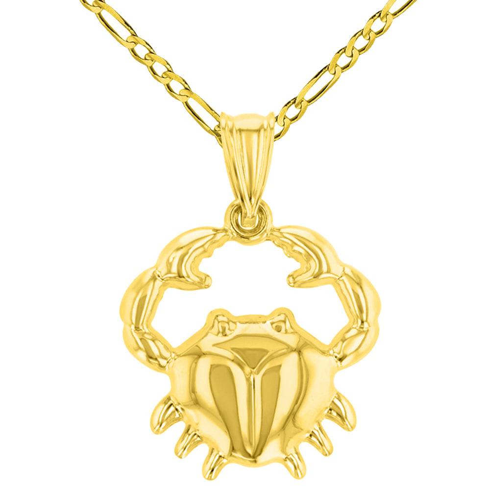 High Polish 14k Yellow Gold 3D Cancer Zodiac Sign Charm Crab Animal Pendant Figaro Chain Necklace