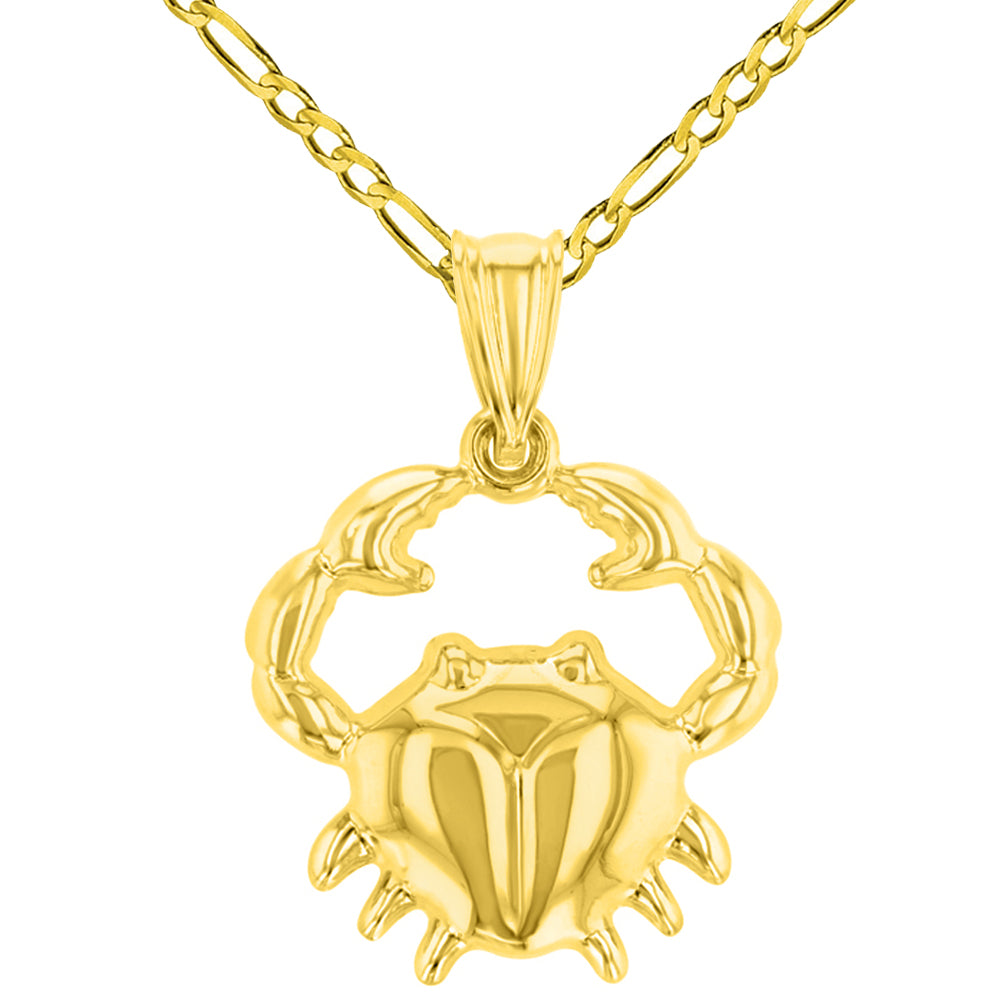 High Polish 14k Yellow Gold 3D Cancer Zodiac Sign Charm Crab Animal Pendant Figaro Chain Necklace