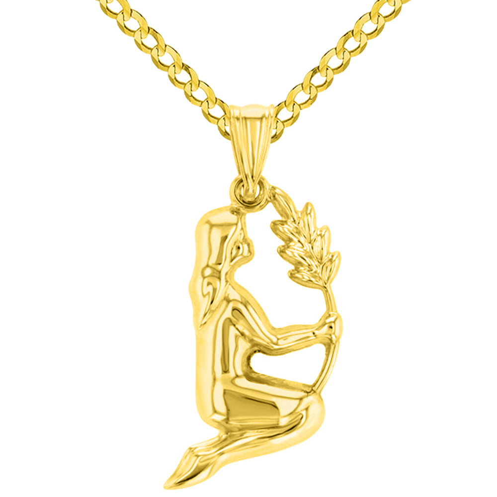High Polish 14k Yellow Gold 3D Virgo Zodiac Sign Charm Maiden Holding Wheat Pendant Cuban Curb Chain Necklace