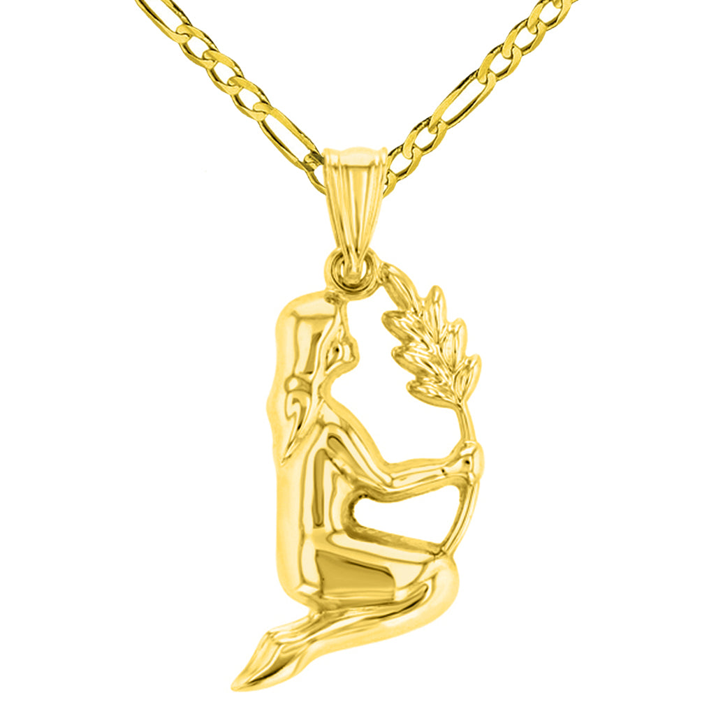 High Polish 14k Yellow Gold 3D Virgo Zodiac Sign Charm Maiden Holding Wheat Pendant Figaro Chain Necklace
