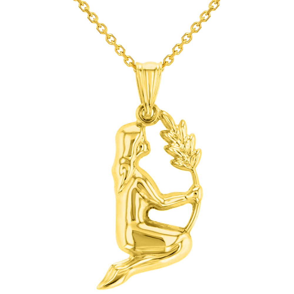 High Polish 14k Yellow Gold 3D Virgo Zodiac Sign Charm Maiden Holding Wheat Pendant Necklace