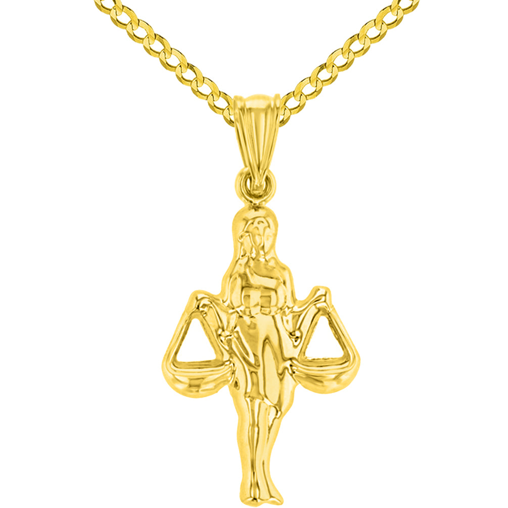High Polish 14k Yellow Gold 3D Libra Zodiac Sign Charm Balance Scale Pendant Cuban Curb Chain Necklace