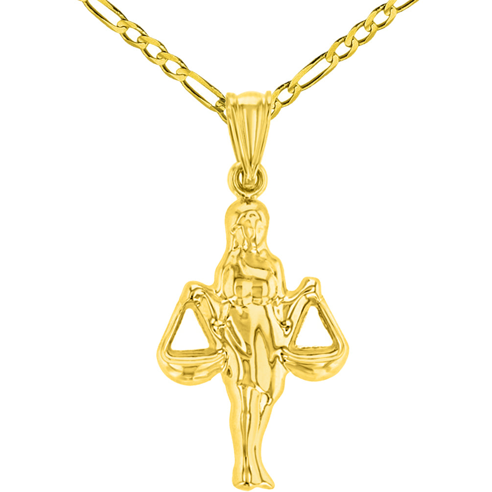 High Polish 14k Yellow Gold 3D Libra Zodiac Sign Charm Balance Scale Pendant Figaro Chain Necklace