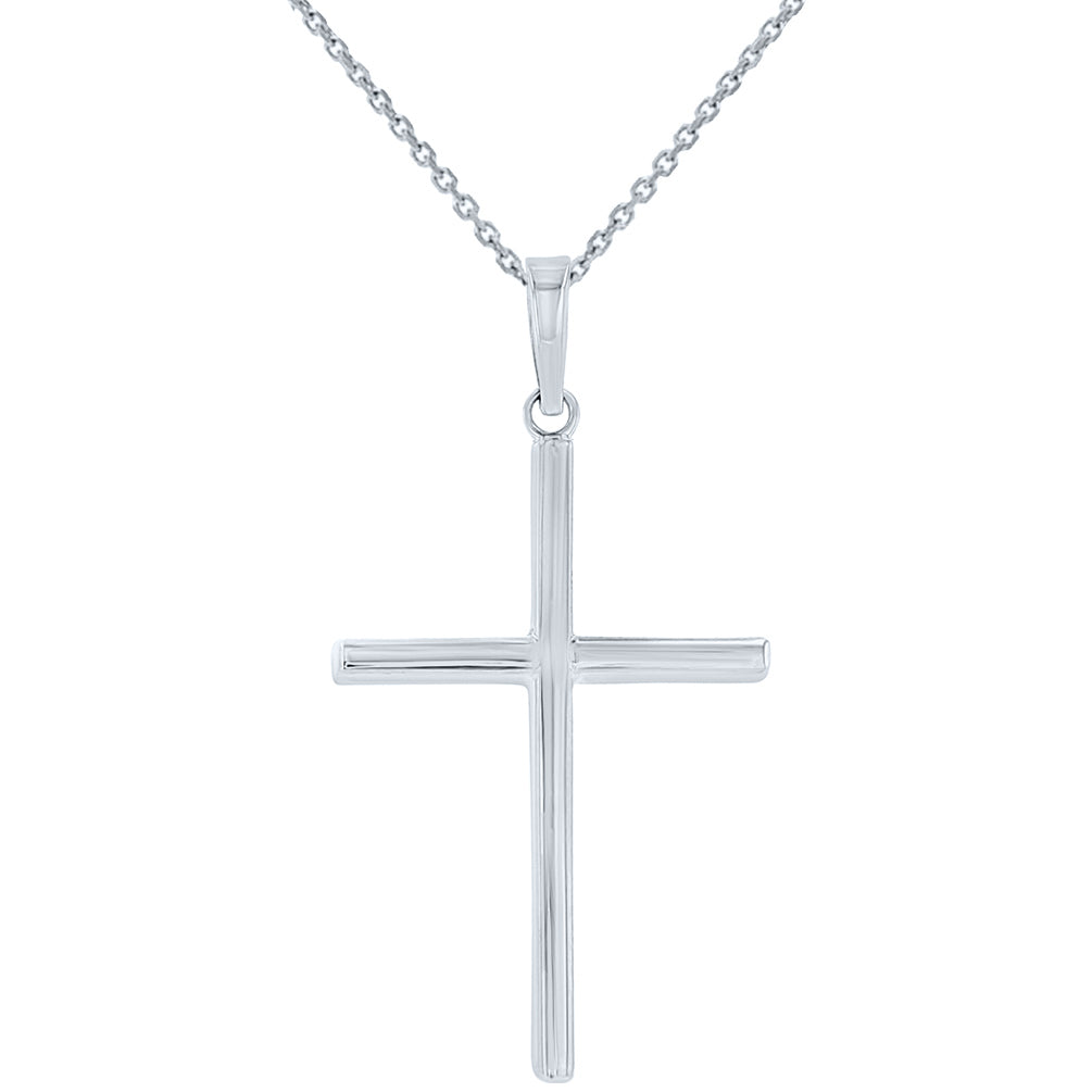 High Polished Handcrafted 14K White Gold Plain Slender Religious Cross Pendant with Chain Necklace
