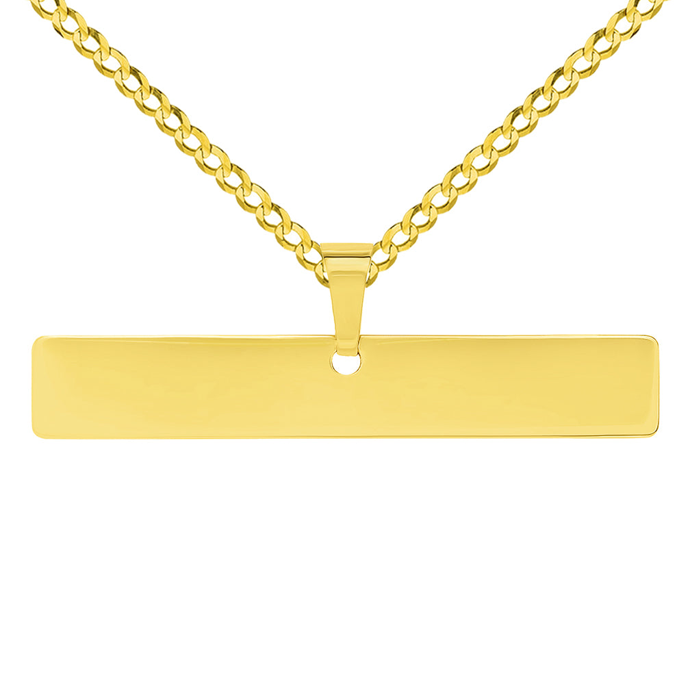 Solid 14k Yellow Gold Engravable Personalized Horizontal Bar Charm Pendant with Curb Cuban Chain Necklace