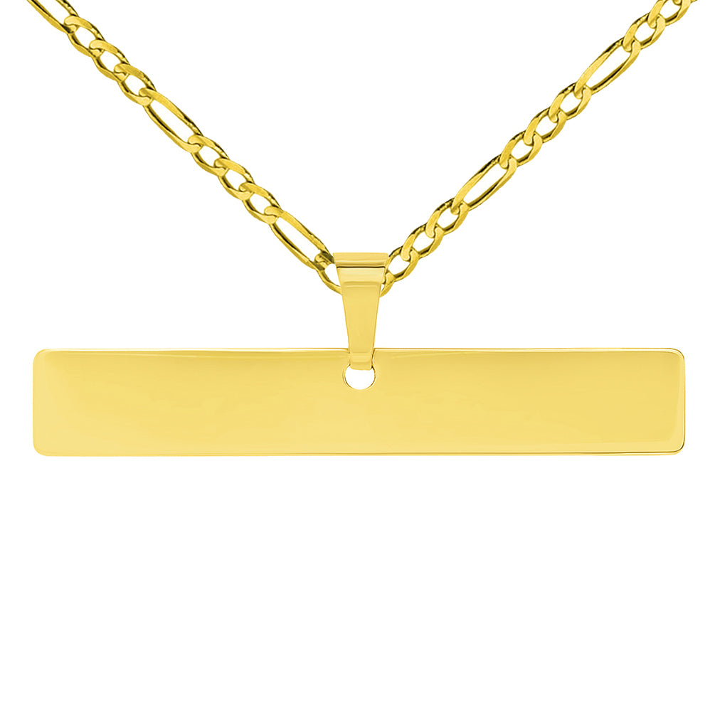 Solid 14k Yellow Gold Engravable Personalized Horizontal Bar Charm Pendant with Figaro Chain Necklace