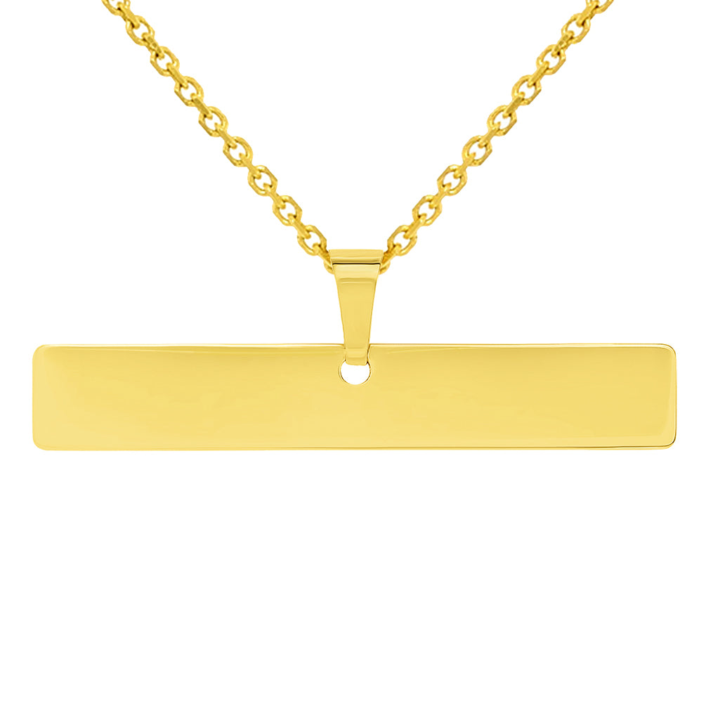 Solid 14k Yellow Gold Engravable Personalized Horizontal Bar Charm Pendant with Cable Rolo Chain