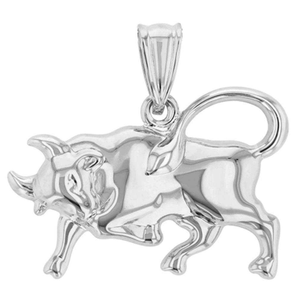 High Polish 14k White Gold 3D Taurus Zodiac Sign Bull Animal Pendant