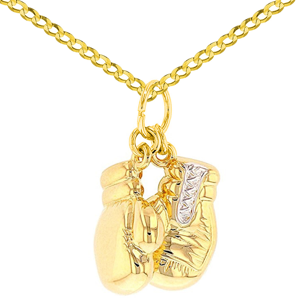 High Polish 14k Yellow Gold 3D Boxing Gloves Charm Sports Pendant Cuban Chain Necklace