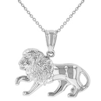 Load image into Gallery viewer, High Polish 14k White Gold 3D Leo Zodiac Sign Charm Lion Animal Pendant Necklace
