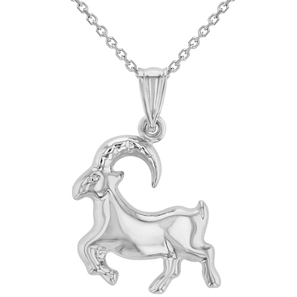 High Polish 14k White Gold 3D Capricorn Zodiac Sign Charm Sea-Goat Animal Pendant Necklace