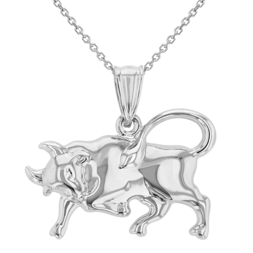 High Polish 14k White Gold 3D Taurus Zodiac Sign Bull Animal Pendant Necklace