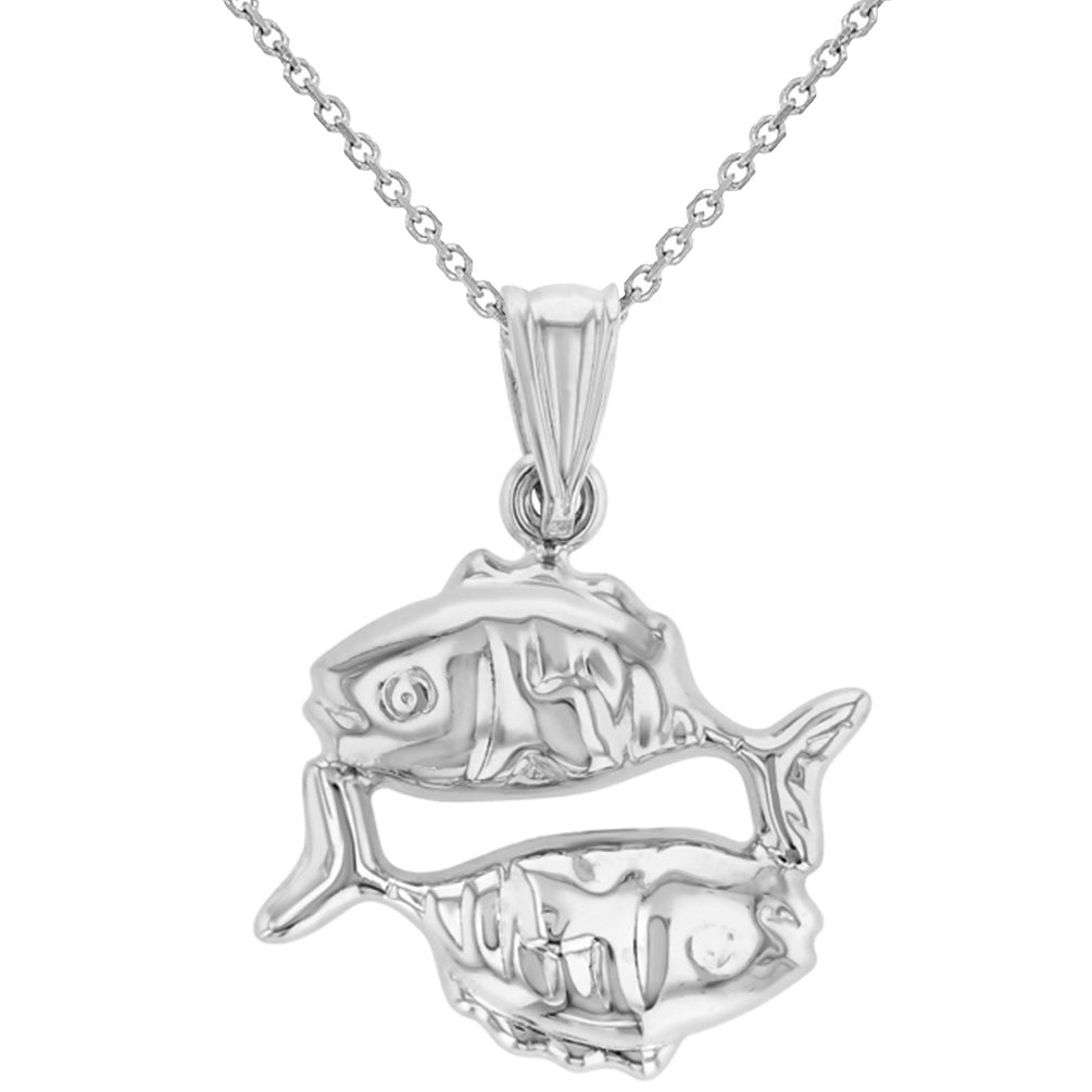 High Polish 14k White Gold 3D Pisces Zodiac Sign Charm Fish Animal Pendant Necklace
