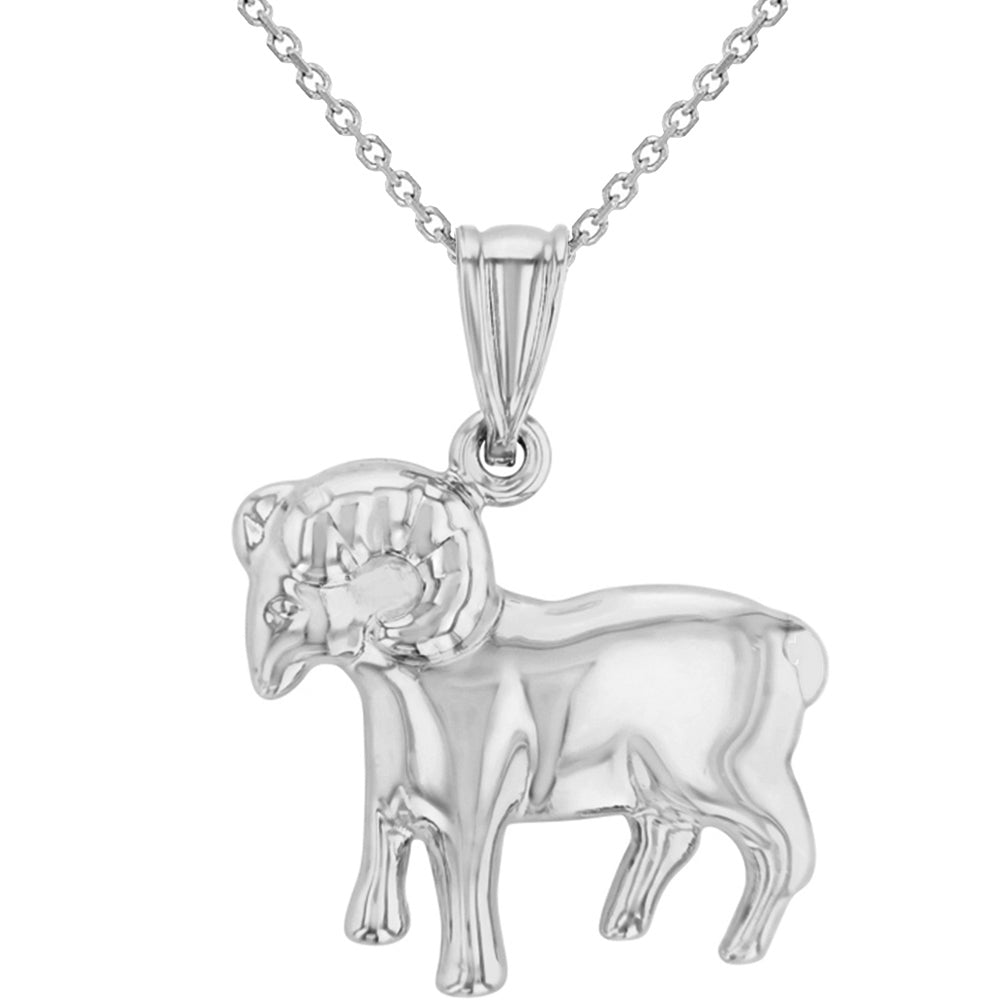 High Polish 14k White Gold 3D Aries Zodiac Sign Ram Animal Pendant Necklace