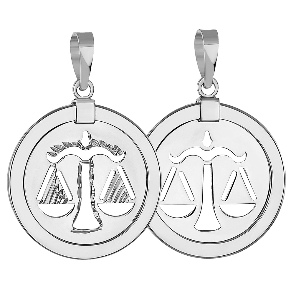 14k White Gold Round Libra Zodiac Sign Scale Medallion Pendant - Libra