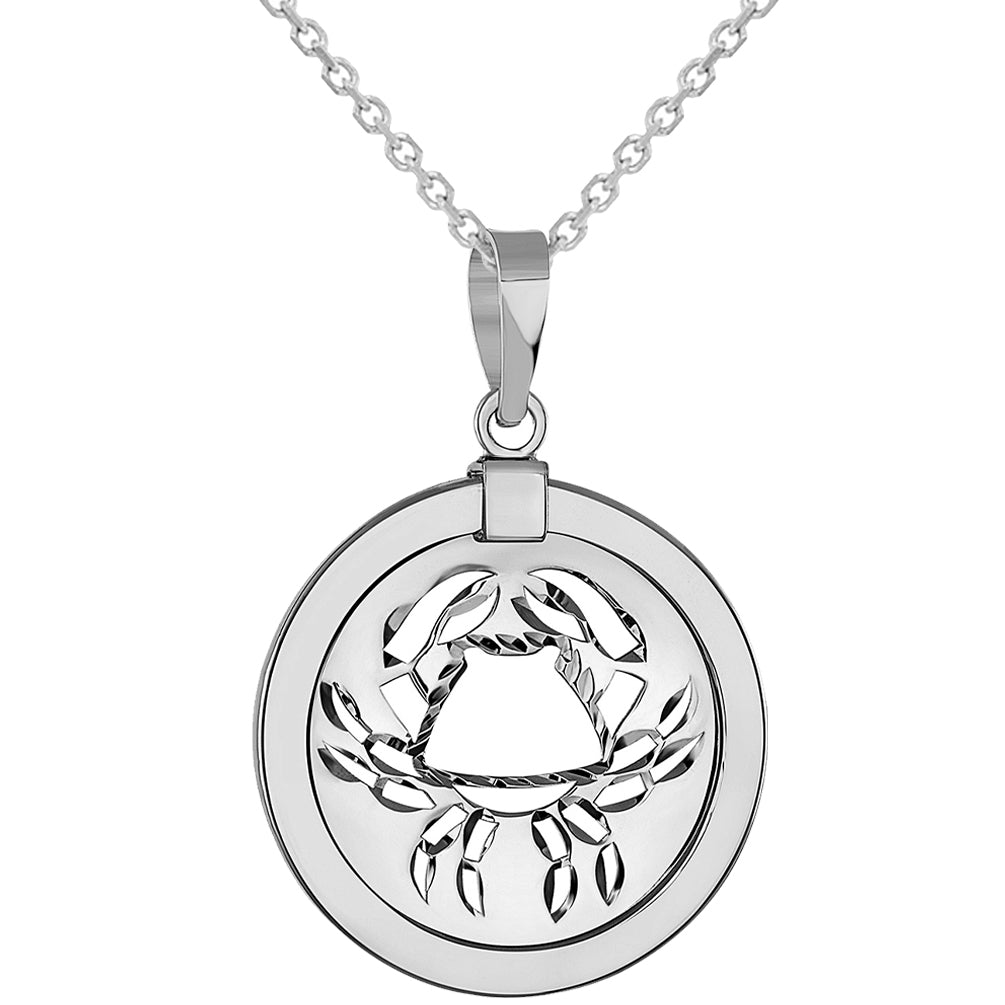 14k White Gold Round Cancer Zodiac Sign Crab Animal Medallion Pendant Necklace (Reversible)