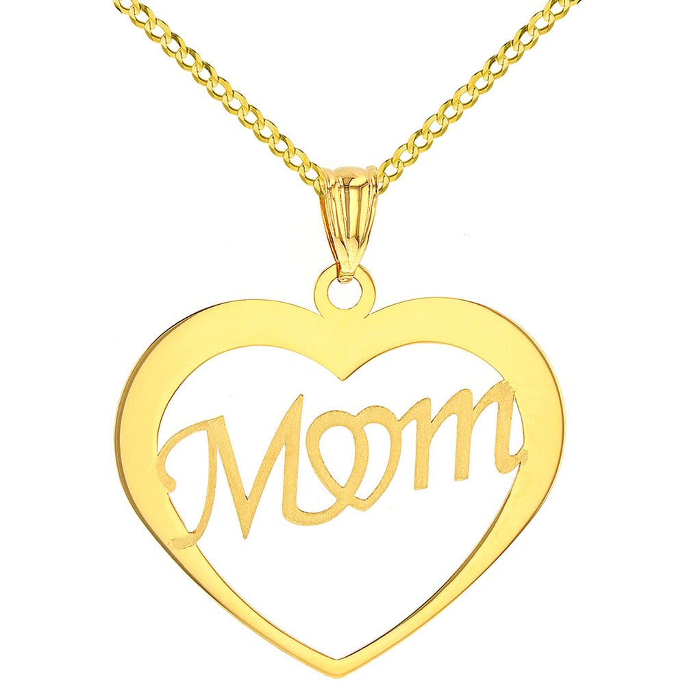 Solid 14K Yellow Gold Simple Heart with Mom Pendant Cuban Chain Necklace