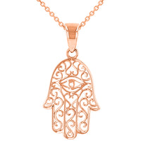 Load image into Gallery viewer, 14K Rose Gold Filigree Hamsa Hand of Fatima with Evil Eye Pendant Necklace
