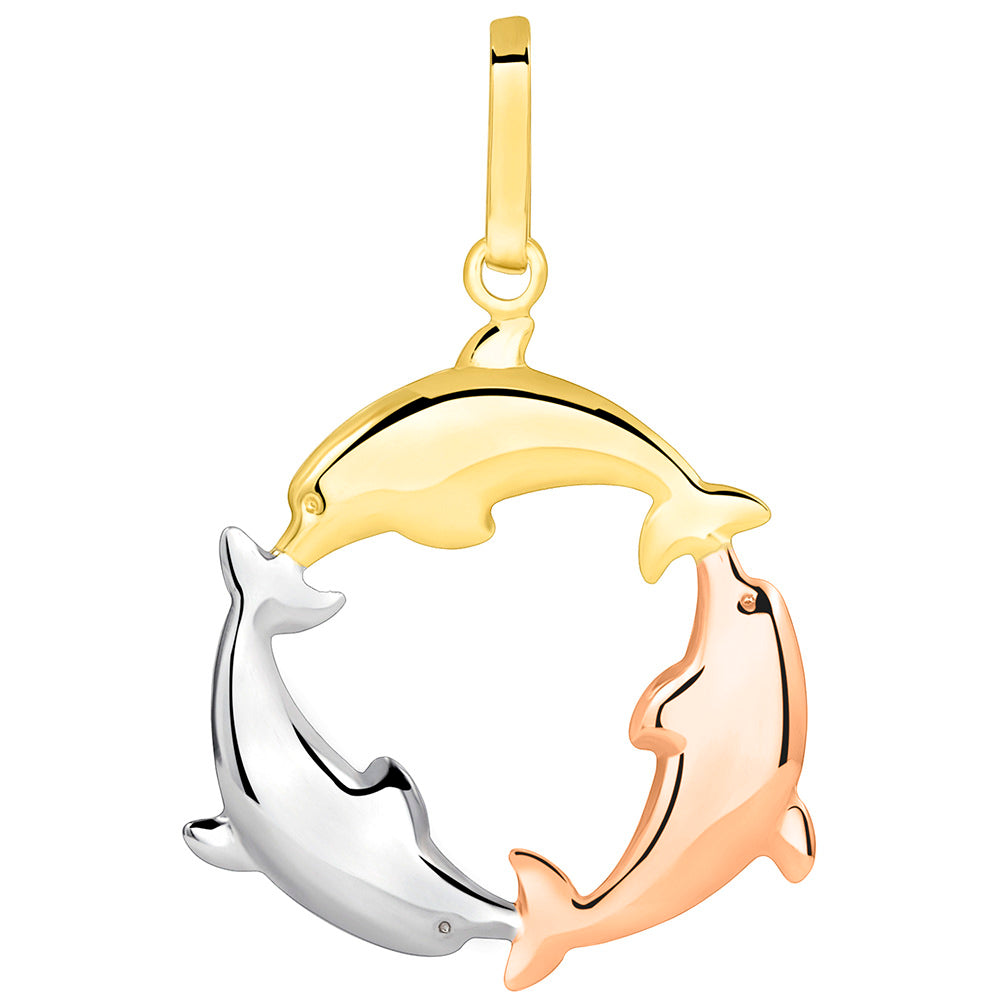 14k Tri Color Gold Three Dolphins Jumping Pendant