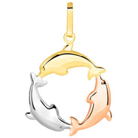 Load image into Gallery viewer, 14k Tri Color Gold 3D Three Dolphins Jumping Around Circle Pendant Necklace
