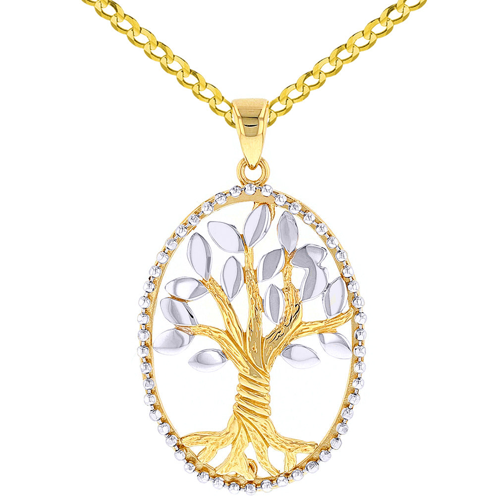Jewelry America Solid 14K Two-Tone Gold Oval Tree of Life Pendant Necklace