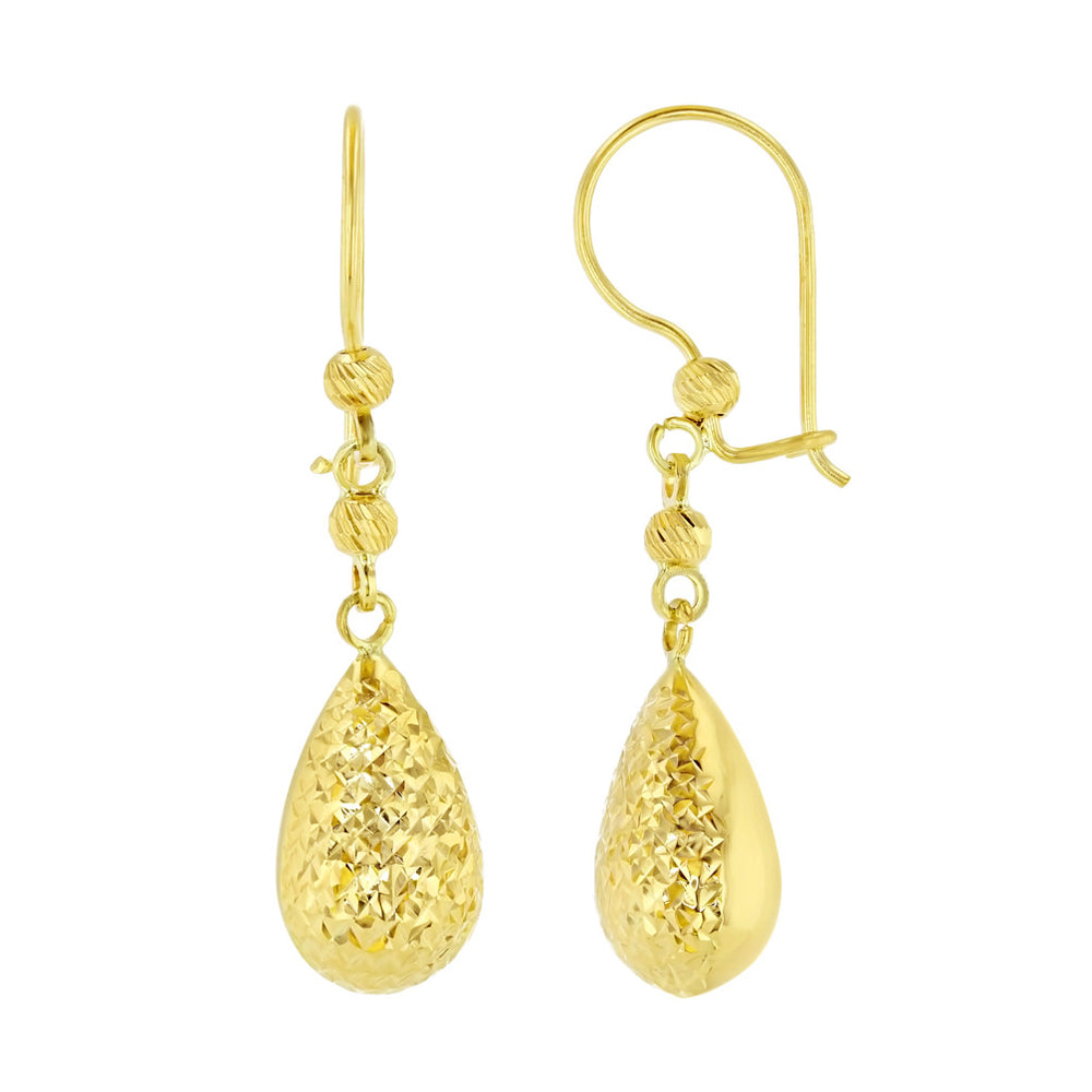 14k Yellow Gold Textured Teardrop Dangle Drop Earrings, 9.5mm
