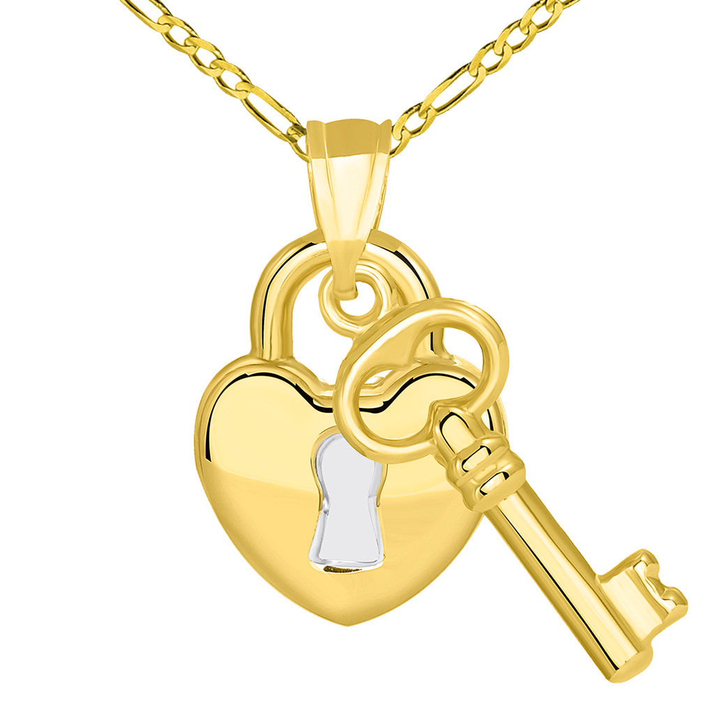 14k Yellow Gold Polished Two Tone Heart Shaped Lock and Love Key Pendant Figaro Necklace