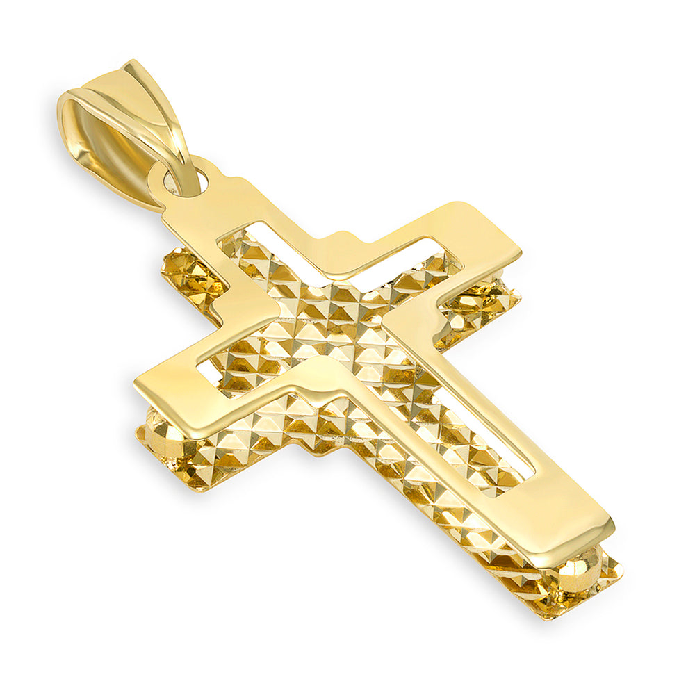 14k Yellow Gold Plain and Textured Double Layer Quadrate Cross Pendant