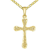 Load image into Gallery viewer, 14k Yellow Gold Textured Rounded Edge 3-D Religious Cross Pendant with Figaro Chain Necklace
